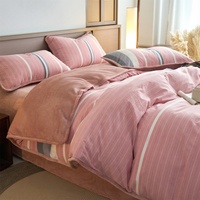 Ensemble de housse de couette et drap en flanelle de coton pur lavé, double face, motif rayé, écologique, 300 fils, chaleur hivernale, idéal pour le ski