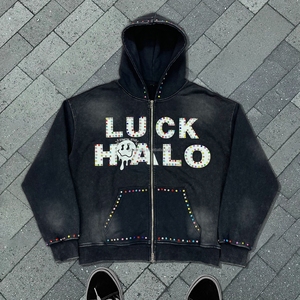 เสื้อฮู้ดดี้ทรงโอเวอร์ไซส์แบบยูนิเซ็กซ์สั่งทำพิเศษ พร้อมซิปแบบดิสเทรส ผลิตโดยผู้ผลิตเสื้อฮู้ดดี้ดีไซน์เนอร์ ล้างสีแบบแอซิด ประดับด้วยคริสตัล - Product Image 1