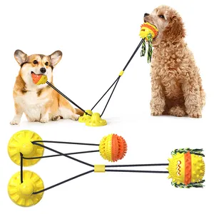 ขายส่ง เชือก3สุนัข-Interactive Fun ของเล่นแบบดึงลูกบอล,ถ้วยดูดสองชั้นสำหรับทำความสะอาดฟันสุนัขเคี้ยวของเล่นเชือกสุนัขพร้อมลูกบอลคู่
