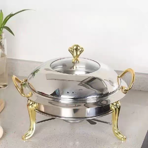 Round Stainless Steel Heating Chaffing Dish <strong>with</strong> Durable Frame <strong>Lid</strong> <strong>Buffet</strong> Warmer <strong>Tray</strong> for Hotel Food Warmer Including Wood Glass - Product Image 2