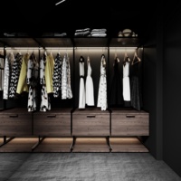Armoire ouverte de style industriel moderne pour chambre à coucher, cadre en métal noir, tiroir en bois avec éclairage LED