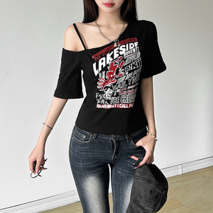 Maglietta Casual stile coreano stile Streetwear con scollo a Slash stampato a manica corta maglietta <span class=keywords><strong>Sexy</strong></span> da donna - Product Image 3
