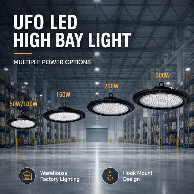 50W 100W 150W 200W 300W UFO LED High Bay Light Hook Mount Industrial Lamp for Warehouse Factory Workshop