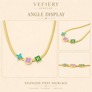 Collier tendance pour femme en acier inoxydable plaqué or avec trois breloques colorées et chaîne serpent - Product Image 4