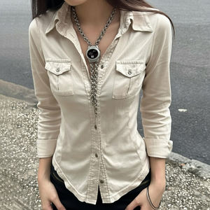 Retro Utility Style Pocket Shirt <b>Button</b> Front Collar Waist-Cinching Design Hot Girl Slimming Versatile Top - Product Image 2