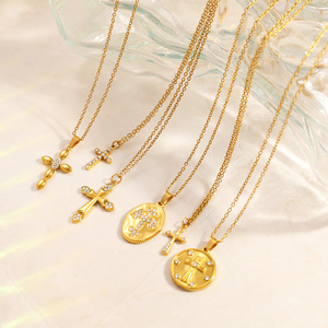 <b>Cross</b> Pendant Necklace 18K Gold Plated Diamond Set Round Geometric Design Retro Style Simple Elegant Layered Clavicle <b>Chain</b> - Product Image 3