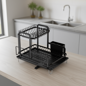 <b>Kitchen</b> Countertop Tableware Organizer 2 Tier Black Minimalist <b>Storage</b> Shelf Multi Function Freestanding - Product Image 2