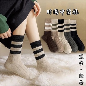 Retro Striped Crew <b>Socks</b> Women Autumn Winter Breathable Mid Calf <b>Socks</b> Japanese Style College Fashion Casual <b>Socks</b> - Product Image 4