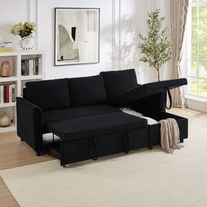 Black Loveseat Chaise Lounge Modular Convertible Storage Corduroy Tufted Upholstered <b>Sleeper</b> Sectional Living Room - Product Image 3