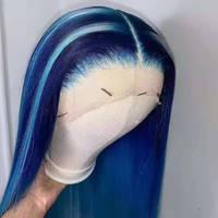 Wig rambut manusia Highlight biru renda depan rambut Virgin mentah pra pencabutan wig renda Frontal lurus sutra tanpa lem untuk wanita