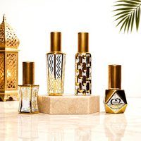 Flacon en verre pour huiles essentielles avec couvercle métallique finition plaqué or, design personnalisable – Emballage vide renforcé pour parfums et aromathérapie