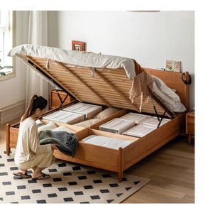 Lit de rangement en bois de cerisier nordique 1,8 m avec vérin à gaz, lit double en bois massif pour chambre principale avec fonction de rangement - Product Image 1