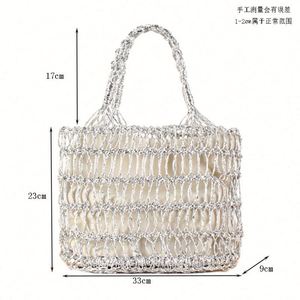 Bolso de mano de paja para mujer, diseño hueco con hilo dorado y plateado, trenzado a mano, para verano, moda, vacaciones, playa, 2024 - Product Image 4
