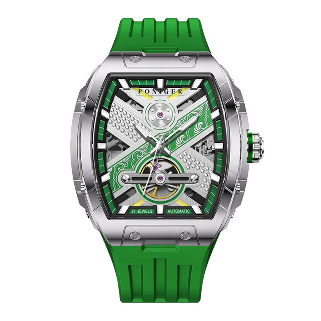 Poniger Men's Skeleton Automatic Watch Rectangle Case Water-Resistant Rubber Wristband Glass Dial Window Colorful Fashionable