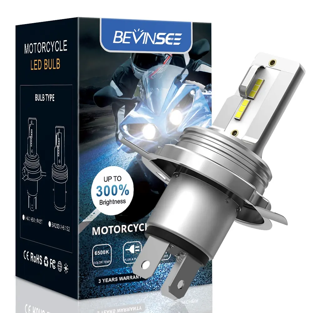 Bevinsee H4 HS1LEDヘッドライト電球18Wハイ/ロービームモーターサイクルLED電球ホンダCBF600CBR250400 CB 1300用