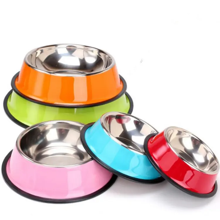 Özel sıcak satış renkli baskılı kauçuk alt Metal paslanmaz çelik Pet çanak/Pet besleyici/köpek kase