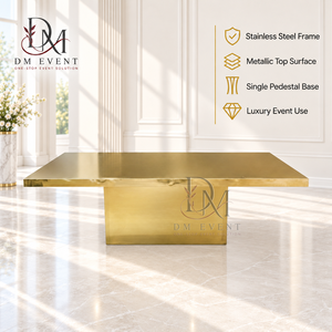 Mesa de Comedor Premium de Acero Inoxidable Dorado con Cubierta Metálica y Base de Pedestal Único para Bodas, Banquetes y Eventos - Product Image 1