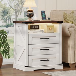 SENYU Modern Farmhouse Wooden Bedroom <b>Storage</b> Cabinet <b>Side</b> <b>Table</b> Hidden <b>Storage</b> Compartments LED Lighting Charging - Product Image 3