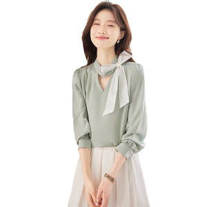 French Style Satin Bow Neck Lantern Sleeve Long Sleeve Shirt For Women Spring Autumn 2025 Korean Sweet Elegant Chiffon Blouse - Product Image 5