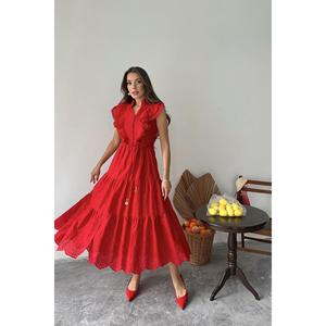 Robe mi-longue rouge à volants, taille naturelle, tissu respirant, pour femme - Product Image 6