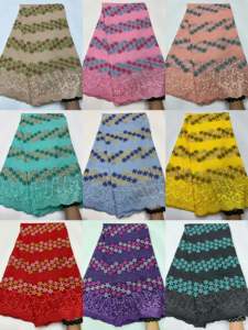 Algodón para encaje de voile, tejido multicolor con bordado floral a rayas, pedrería termoadhesiva, peso medio, 5 yardas, Aso Ebi nigeriano - Product Image 2