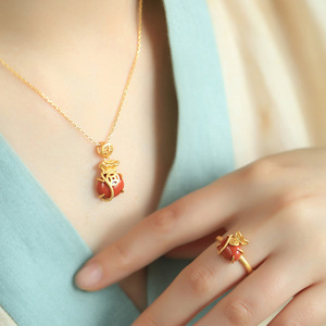 Southern Red Agate Lucky Bag Necklace Set Chinese Style Antique Gold Jewelry For Women Gift Fashion Jewelry Zinc Alloy - Product Image 2