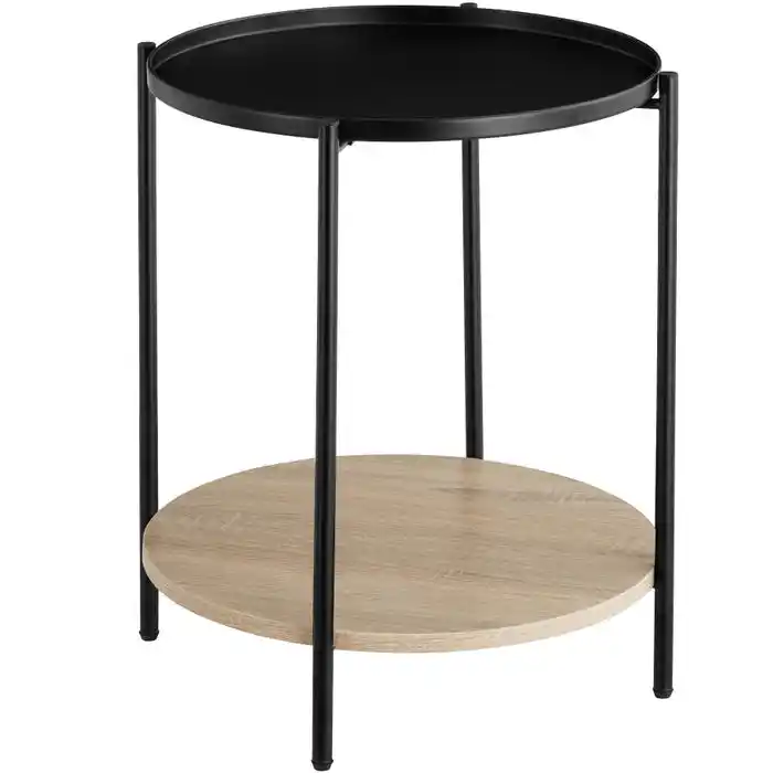 2 Tier bed side Table with Round Wooden Metal Frame for Living Room, Bedroom