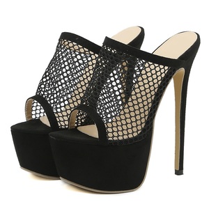 Sandales pour femmes faites à la main sur mesure 2025, style européen et américain, nouvelles pantoufles à talon haut de 16 cm en maille ajourée à bout ouvert - Product Image 6