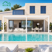 Pergola bioclimatique motorisée en aluminium à l'aspect bois HESIWEI, moderne et luxueuse, pour balcon, jardin, terrasse extérieure
