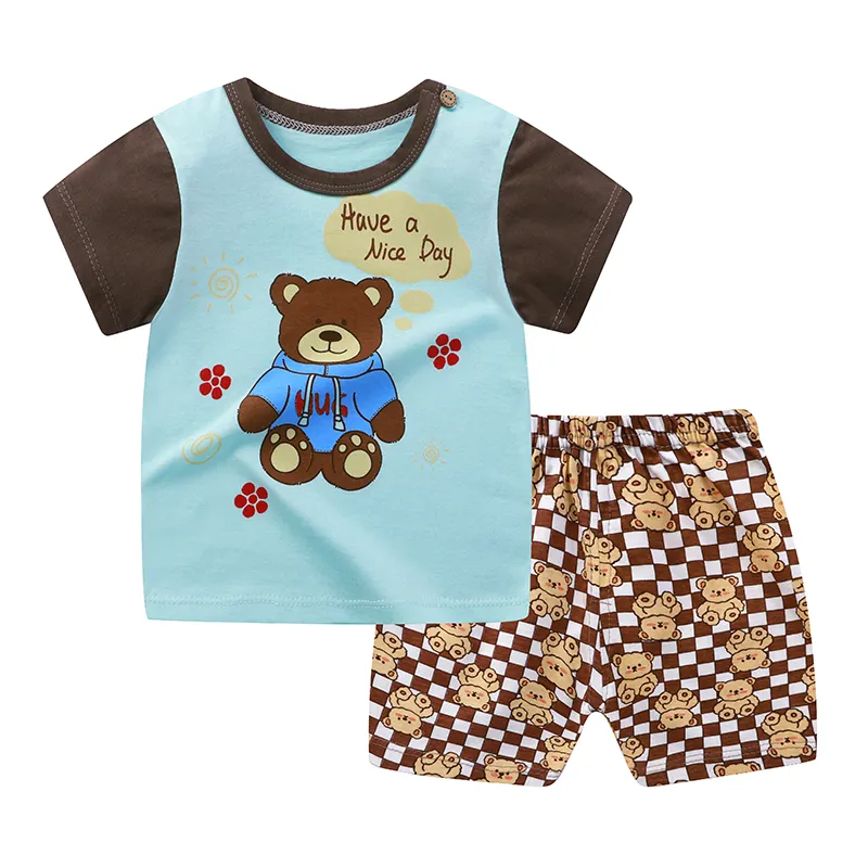 Оптовая продажа, летние комплекты детской одежды из 100% хлопка с коротким рукавом, Детский костюм из футболки для мальчиков