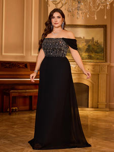 Büyük Beden Kadınlar İçin Omuzları Açık, Taşlı, Yama Detaylı, Sırtı Açık, Zarif Şifon Maksi Elbise, Nefes Alabilen, Kırışmaz, Balo ve Gece Elbisesi - Product Image 4