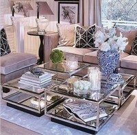 Ensemble de tables basses en verre trempé avec plateau en acier inoxydable argenté/doré pour la maison et l'hôtel