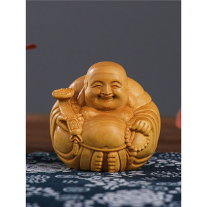 Estatua de Buda Maitreya de madera maciza de boj, tallada a mano, con rostro y gran vientre, artesanía creativa, adorno decorativo. - Product Image 1