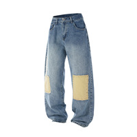 Jeans personnalisés à taille haute, pantalon culotte, lavage vintage, coupe ample, bleu, non élastique, lavage chimique, jeans tendance pour hommes