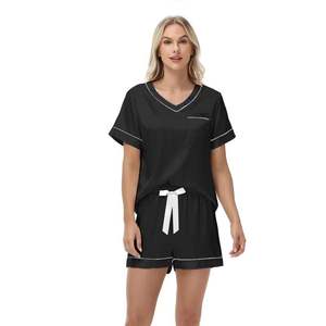 Pyjama d'été en satin rayé pour femme, ensemble de vêtements de maison fin et uni à enfiler - Product Image 2