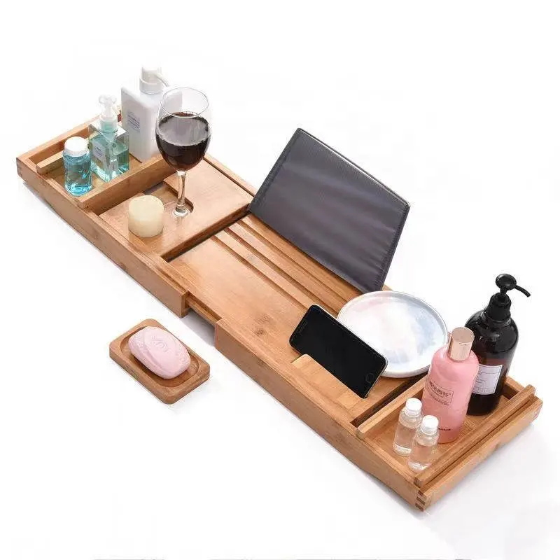 Bamboo Bathtub Caddy Adjustable Handcrafted Bath Tray With Reading Rack Bath Tub Tray