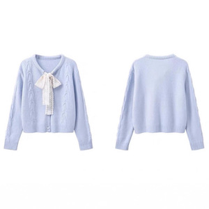Women's Cable Knit <b>Cardigan</b> With Lace Bow Tie Round Neck Loose Fit Autumn Winter Sweater Single Breasted Anti Pilling - Product Image 1