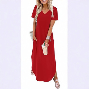 Robe longue décontractée de plage à col en V et manches courtes, coupe ample, ourlet irrégulier pour femme S M L XL XXL XXXL - Product Image 3