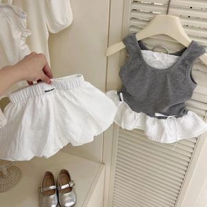 Girls Two Piece Set Gray Vest White Tulip Shorts Cotton Summer Outfit For Kids - Product Image 1