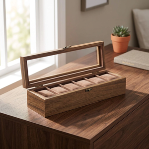 Boîte à montres en bois avec couvercle en verre, présentoir à montres doublé de velours, organisateur de rangement à 6 ou 12 emplacements pour cadeaux et vente au détail - Product Image 4