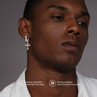 Boucles d'oreilles pendantes croix plaquées or 14K pour homme, créoles articulées croix en argent 925 avec zircone cubique 5A CZ pour femme, bijoux hip-hop, boucles d'oreilles Huggie