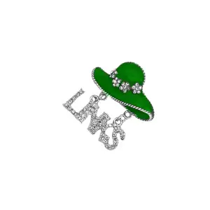 精彩闪亮水钻装饰绿色搪瓷女士太阳帽和字母链接合金吊坠饰品女性胸针别针
