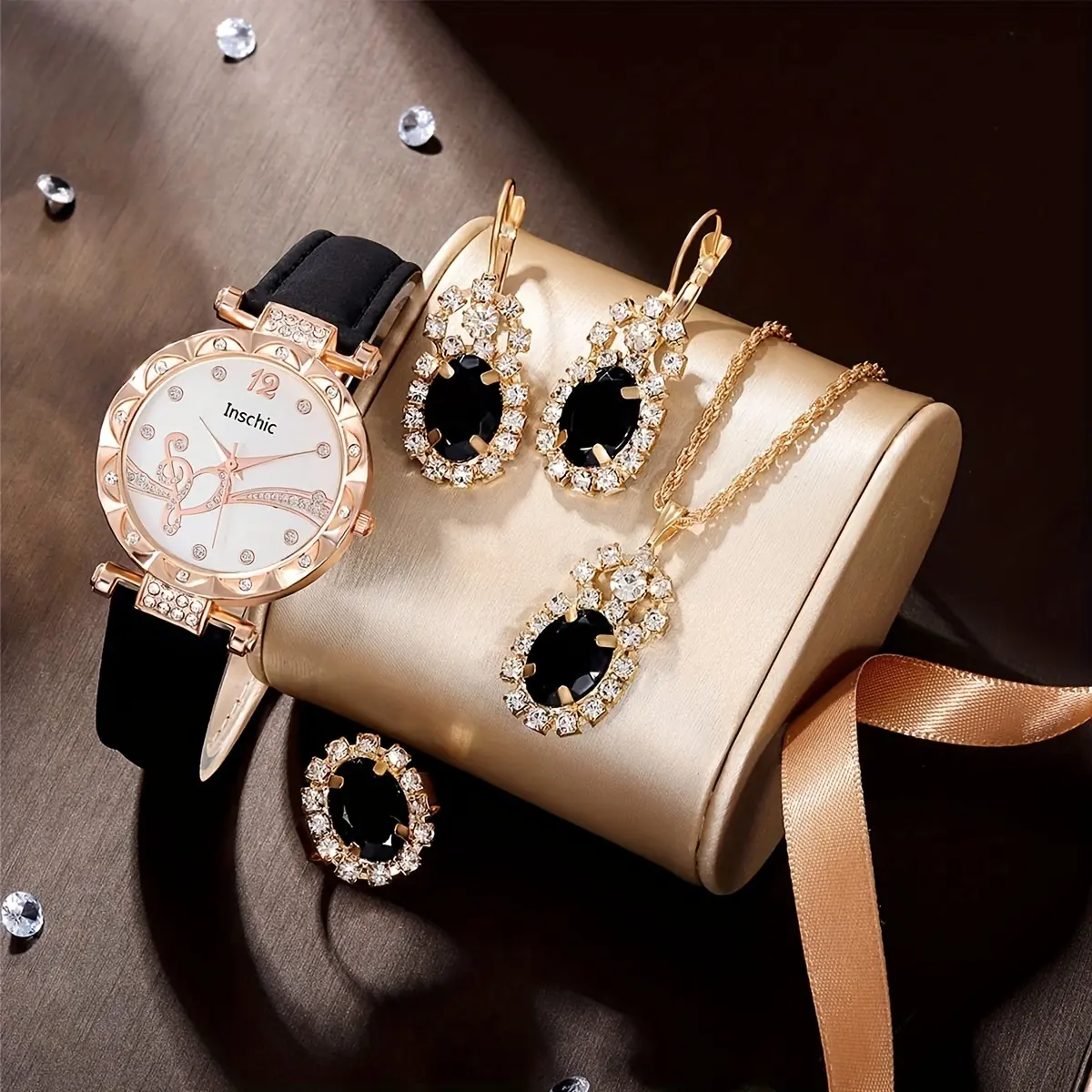 Jam tangan wanita, 6105 murah Pointer kuarsa jam tangan Analog Wanita Kulit & 4 buah perhiasan Set Kalung Anting untuk gaun