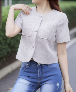 Elegant Women's Short Sleeve Blouse O-Neck Solid Color Twill Fabric Spring Summer Everyday Wear Regular Fit - Product Image 6