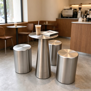 Muebles de Restaurante Modernos, Mesa Redonda de Acero Inoxidable Industrial y Juego de Taburetes Metálicos - Product Image 2