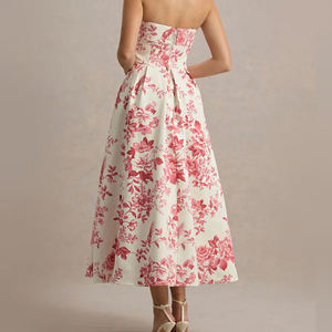 사용자 정의 인쇄 드레스 제조 업체 짠 직물 여성의 접힌 목선 민소매 어깨에서 꽃 인쇄 미디 원피스 - Product Image 2