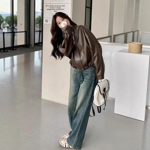 Maillard Coffee-Brown Solid <strong>Petite</strong> Leather Womens 2025 Autumn New Arrival High-End Street-Style <strong>Biker</strong> <strong>Jacket</strong> Shorter Frames - Product Image 4