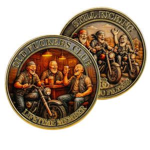Pièce commémorative plaquée antique sur le thème des motards, <span class=keywords><strong>en</strong></span> fer, double face, pour collection, avec inscription 'Anciens Bikers Club' et 'Membre à vie' - Product Image 1