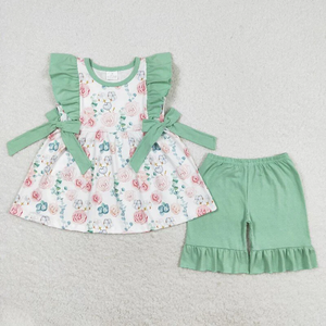 Conjuntos de Ropa para Niñas al por Mayor, Conjunto de 2 Piezas con Lazo Floral Verde y Volantes, Vestido Romper, Ropa de Boutique para Niñas de Primavera/Verano - Product Image 2