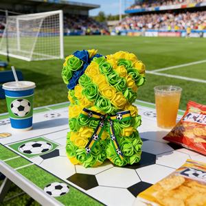 Oso de Rosas Artificiales de Brasil, Verde, Amarillo, Azul, con Cinta de Fútbol para Aficionados al Fútbol, Venta al Por Mayor - Product Image 1